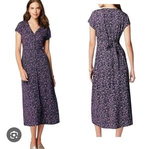 J. Jill Stretch Knit Button Down Navy Purple Floral Midi Dress Size XL Tall
